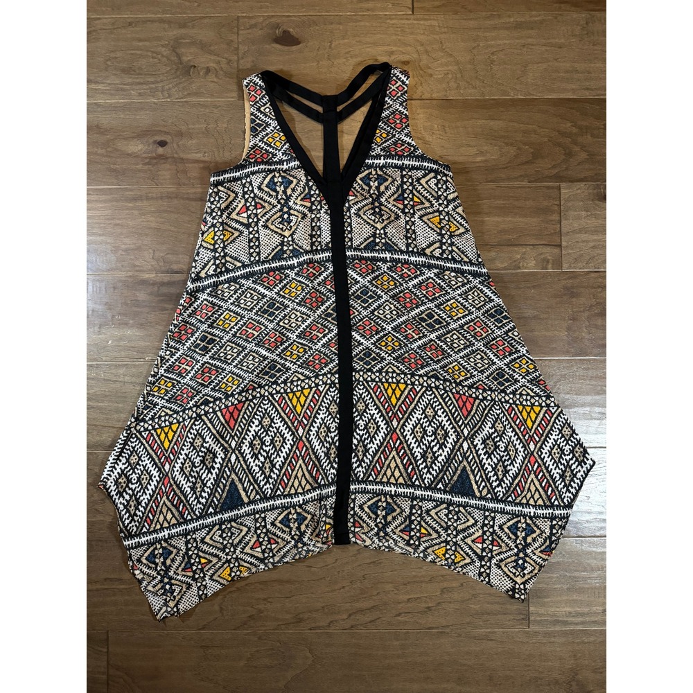 BCBGMAXAZRIA XS Geometric Tribal Print Handkerchief Hem Strappy Racerback Top